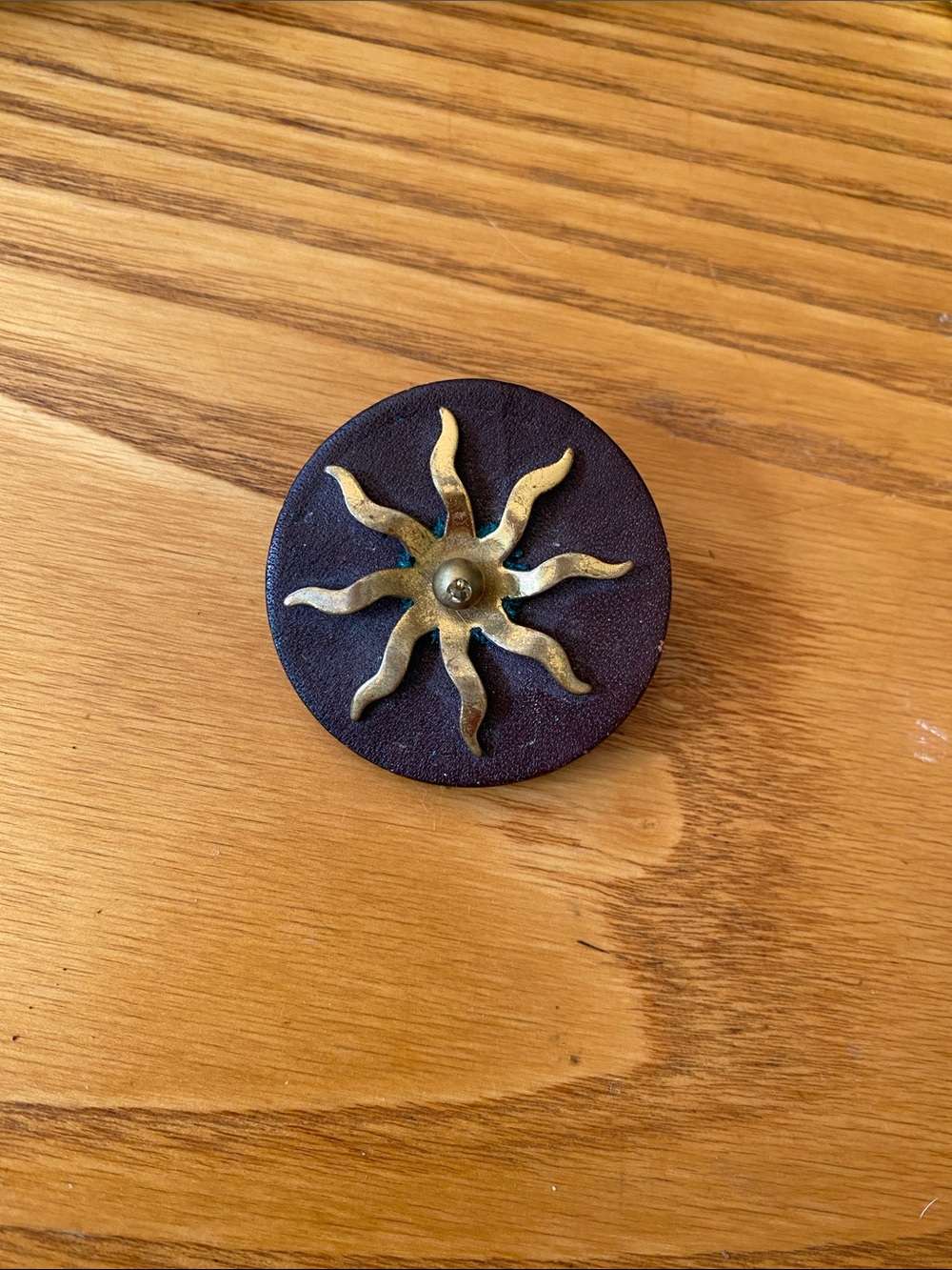 Vintage Decorative Round Leather Button with Brass celestial Sun Accent brooch